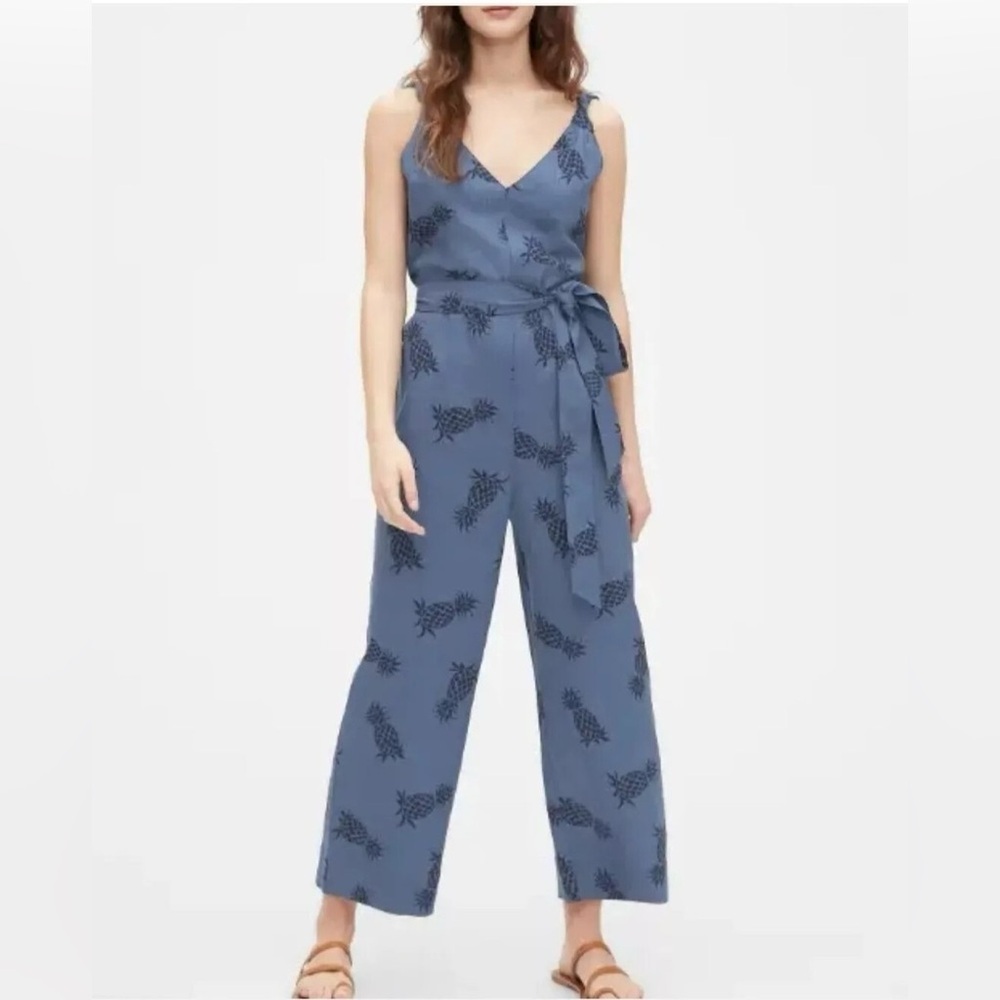 GAP Women's Size 0 Blue Resort Pineapple Print Linen Belted Jumpsuit Romper